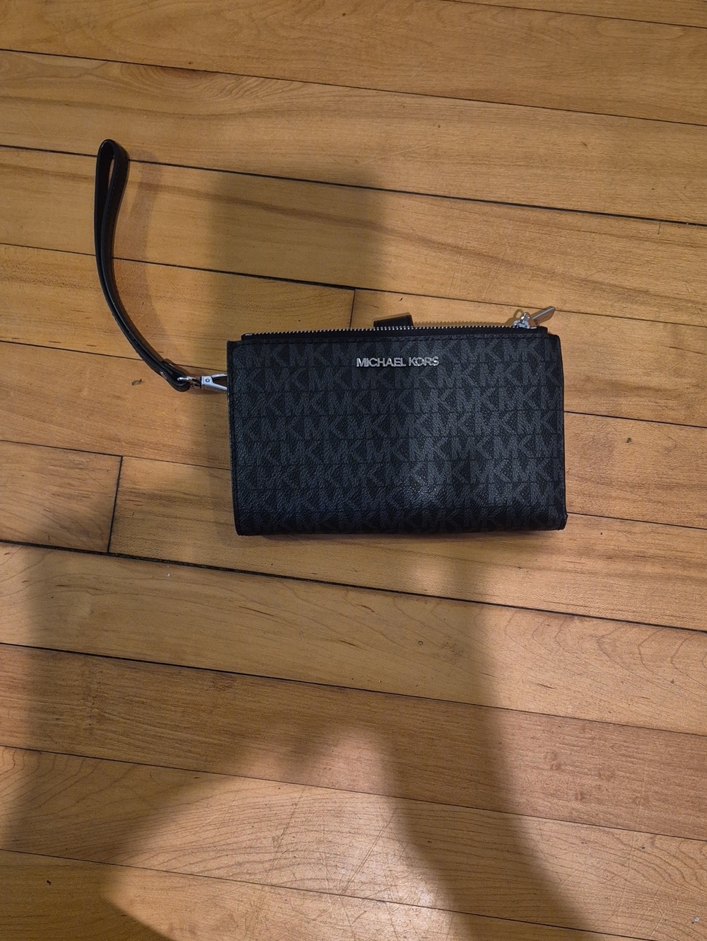 Michael Kors Black MK Logo Wristlet with Silver Hardware